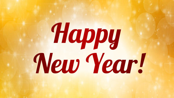 Happy New Year! Text is written on a gold sparkling background.