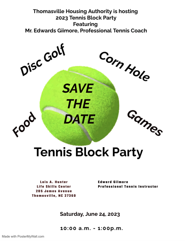 Tennis Block Party Save the Date. All information from this flyer is listed above.
