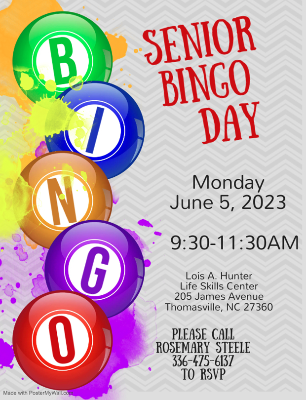 Senior Bingo Day Flyer. All information on flyer is listed above.