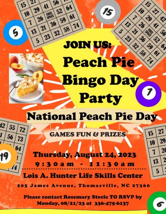 Peach Pie Bingo flyer. All information on flyer is listed above.