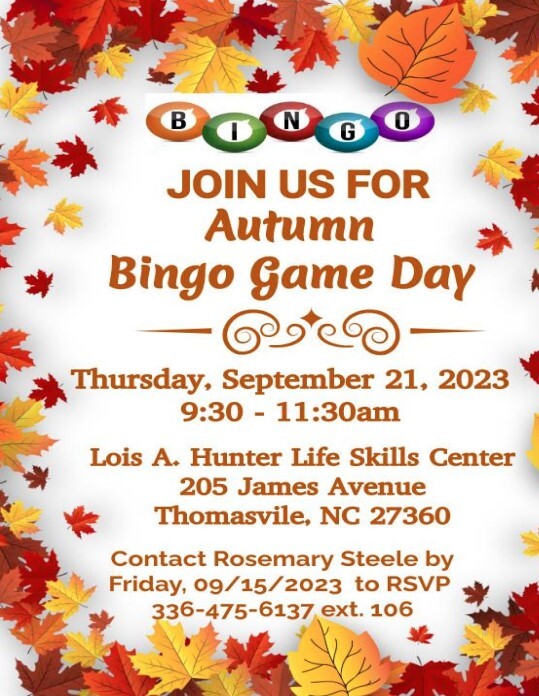 Autumn Bingo flyer. All information on flyer is listed above.