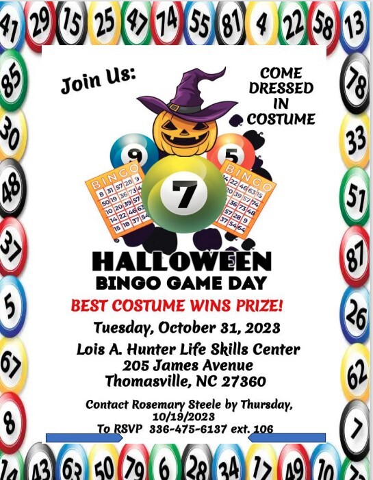 Halloween Bingo flyer. All information on flyer is listed above.