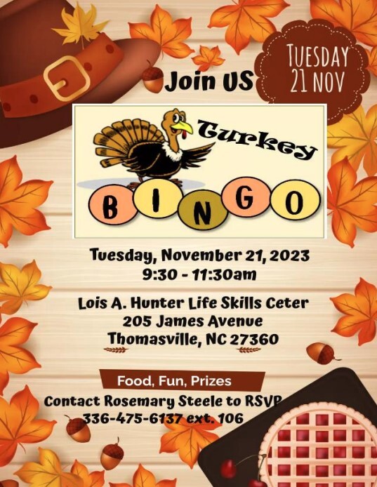 Turkey Bingo flyer. All information on flyer is listed above.