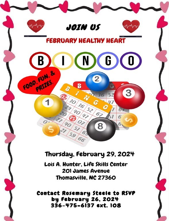 February Healthy Heart Bingo flyer. All information on flyer is listed above.