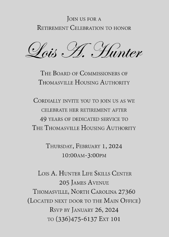 THHANC Lois A. Hunter Retirement Invitation page 2. All information on this Invitation is listed above.