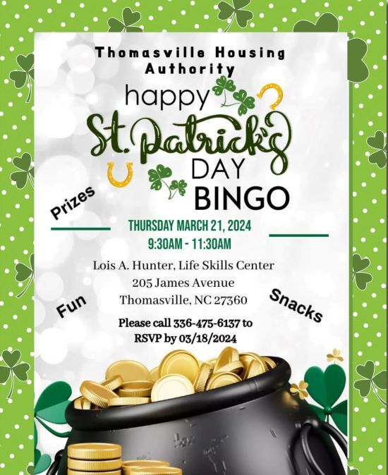 St. Patrick Day bingo flyer, the information on this flyer is in the text above. 