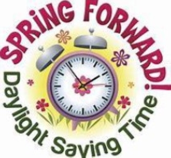 Spring Forward! Daylight Saving Time. Alarm clock with stylized flowers.