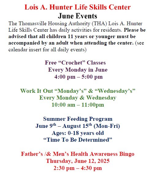 Lois A. Hunter Life Skills Center June Events. All information as listed below.