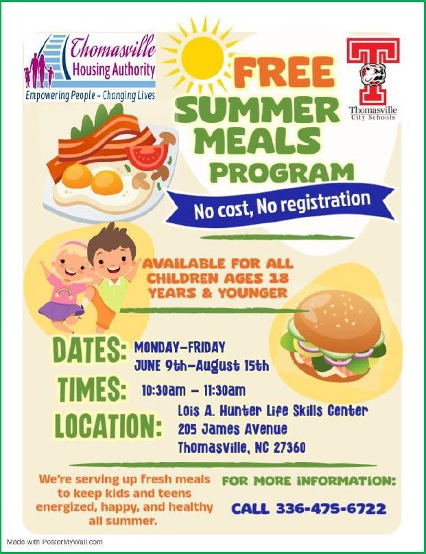 Free Summer Meals Program flyer. All information as listed below.