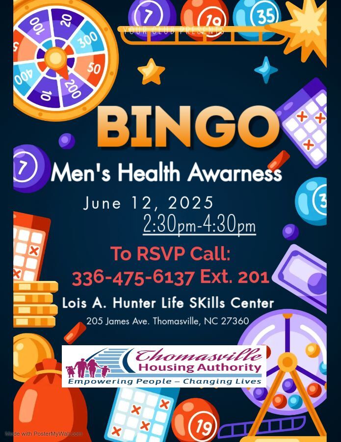 Mens Health Awareness Bingo flyer. All information as listed below.