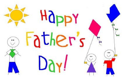 Happy Fathers Day. A drawing of a stick family. Two kits flying kites with their dad.