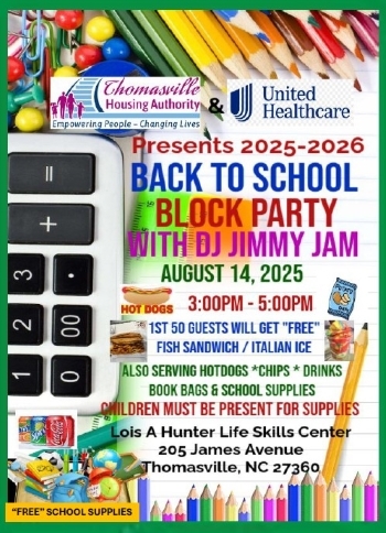 Back to school block party flyer. All information on this flyer is listed above.