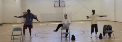 Three people doing the Monday senior citizens workout.