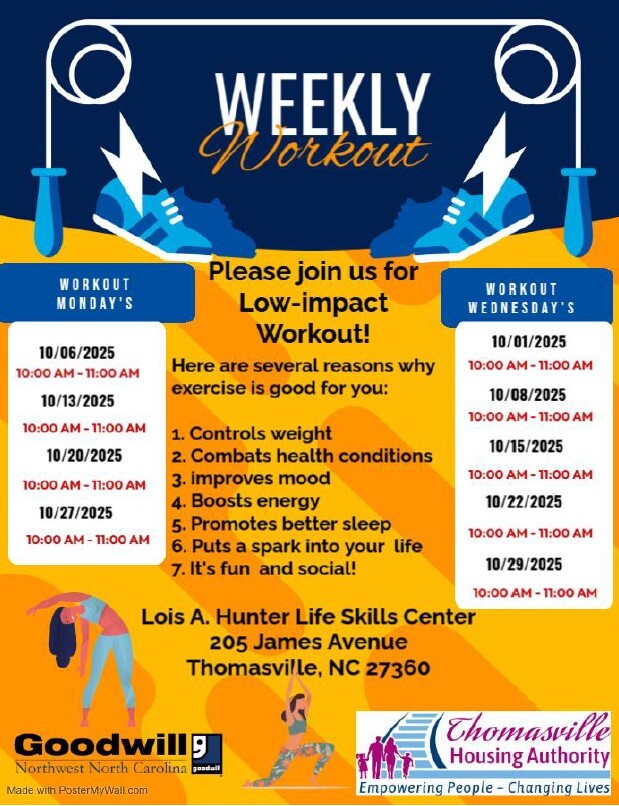 Weekly Workout Flyer. All information as listed below.