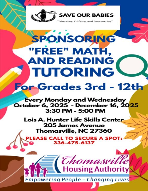 Free Math and Reading Tutoring flyer. All information as listed below.