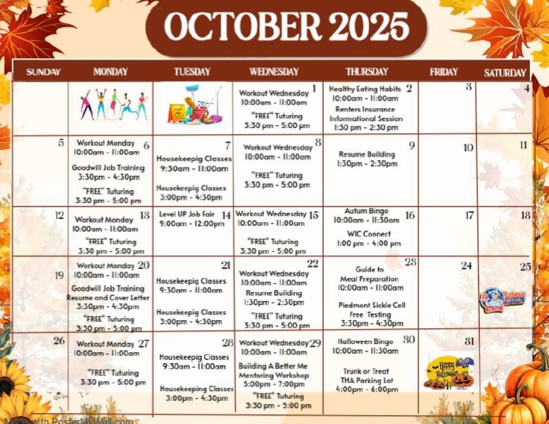 October Calendar of events. All information as listed below.