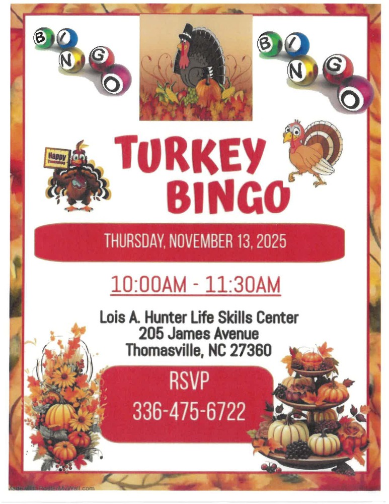 Turkey Bingo flyer, the information on this flyer is in the text above. 
