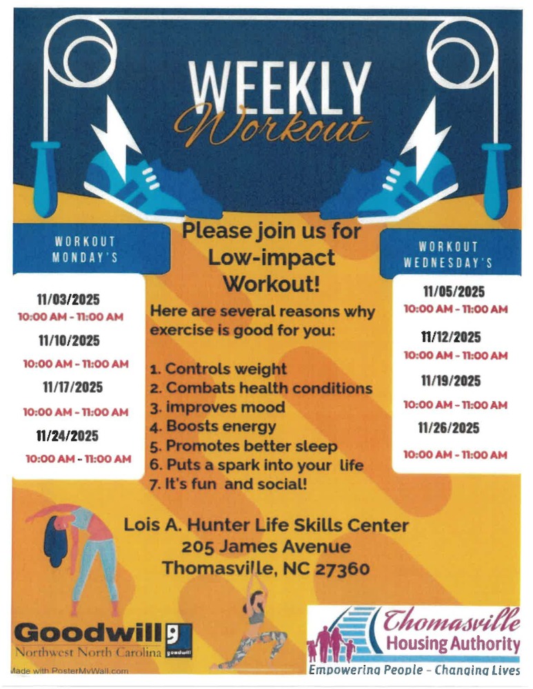 Weekly Workout Flyer, the informaton on this flyer is in the text above. 