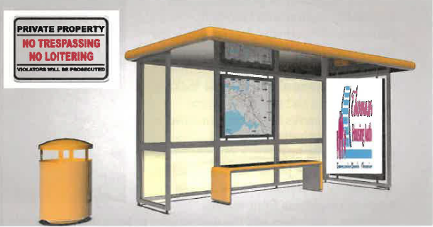 Bus stop with canopy, trash can, and a sign with the text, Private Property, No Trespassing, No Loitering, Violaitors will be Procecuted.