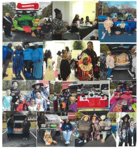 A collage of photos from the Trunk or Treat event with many adults and children dressed up for Halloween. 