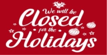 Closed for the Holidays. Stars, holly, and ornaments.