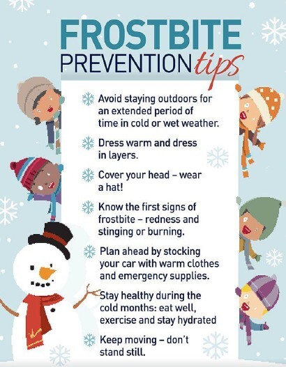 Frostbite Preventions flyer. All information as listed below.