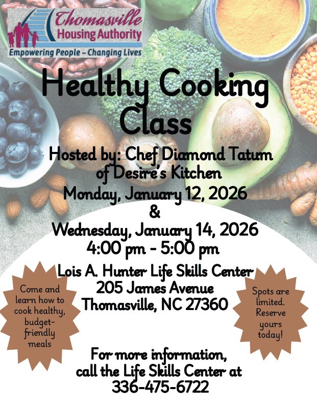 Healthy Cooking Class flyer. All information as listed below.