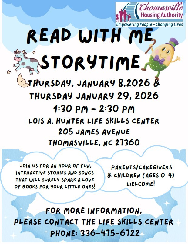 Read with Me Storytime flyer. All information as listed below.