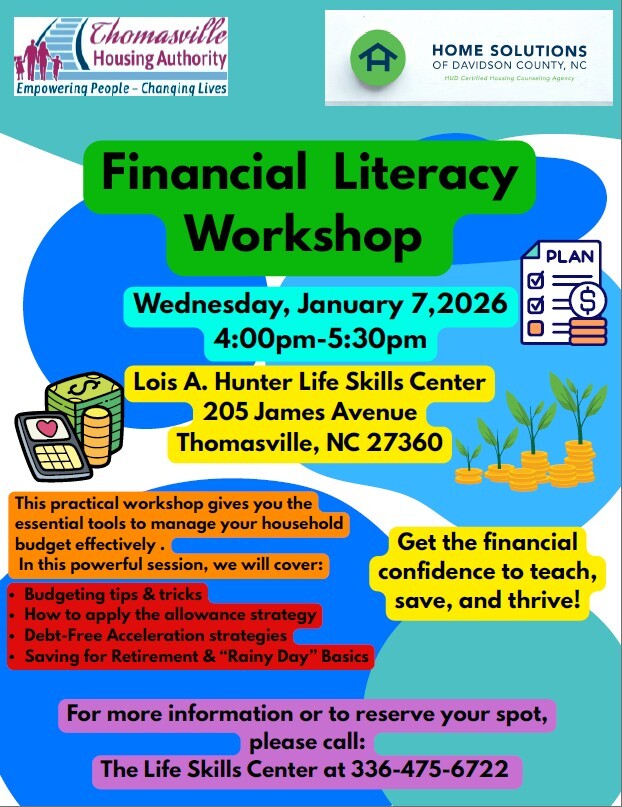 Financial Literacy workshop flyer. All information as listed below.