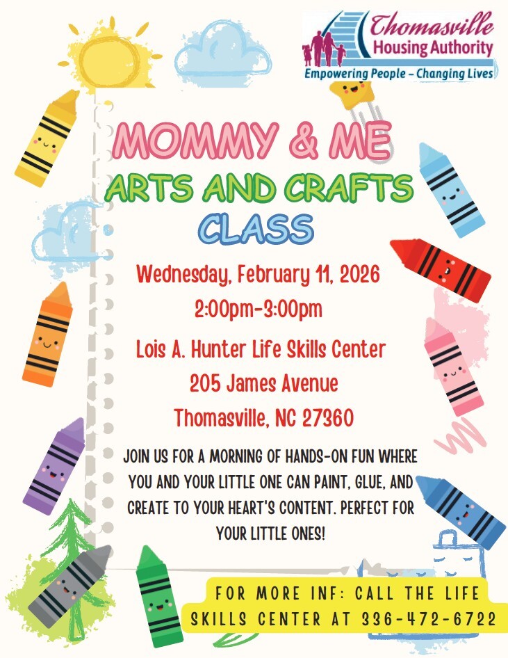 Mommy and me arts and crafts class flyer. All information as listed below.