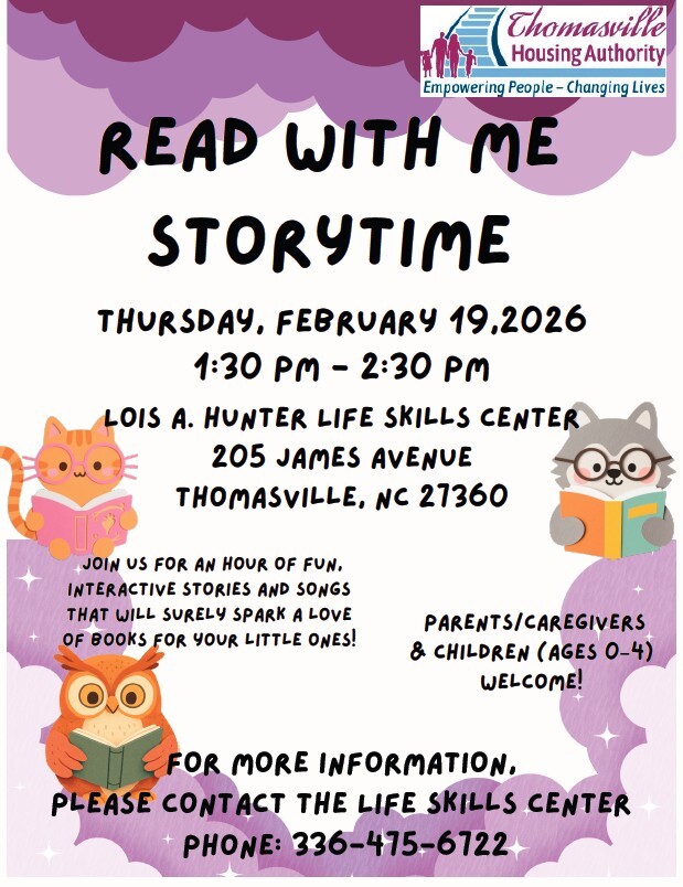 Read with me story time flyer. All information as listed below.