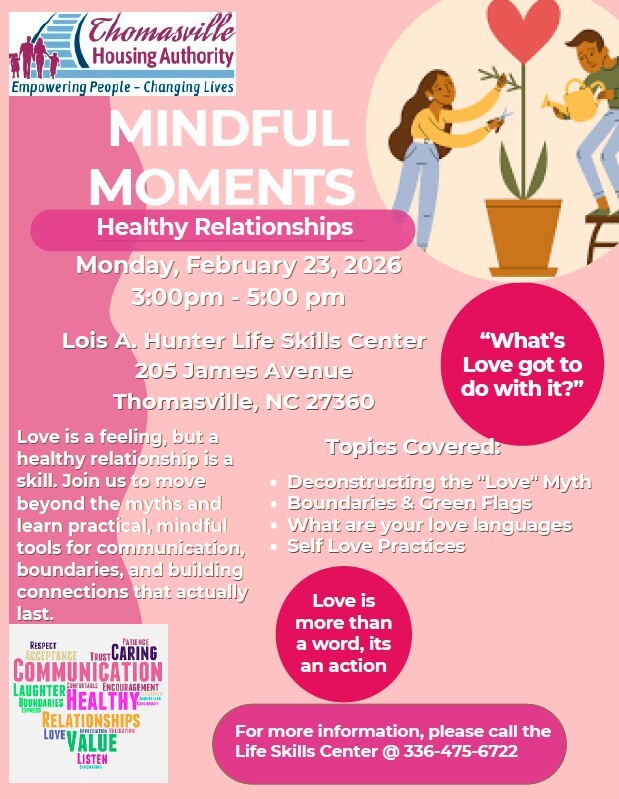 Mindful moments, healthy relationships flyer. All information as listed below.
