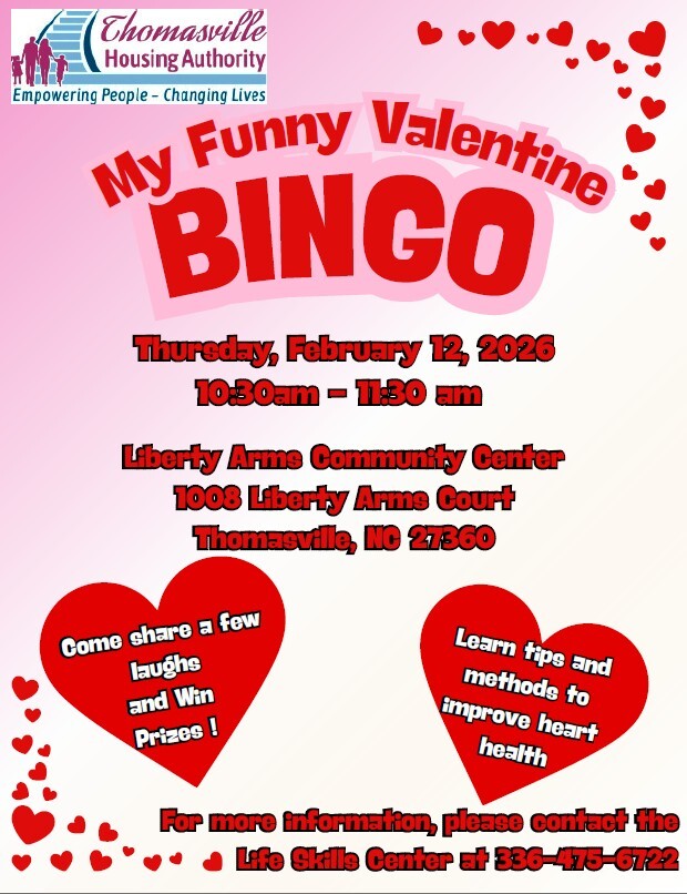 My Funny Valentine BINGO flyer. All information as listed below.