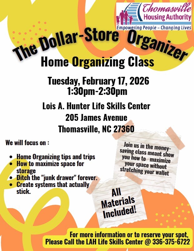 Home organizing class flyer. All information as listed below.