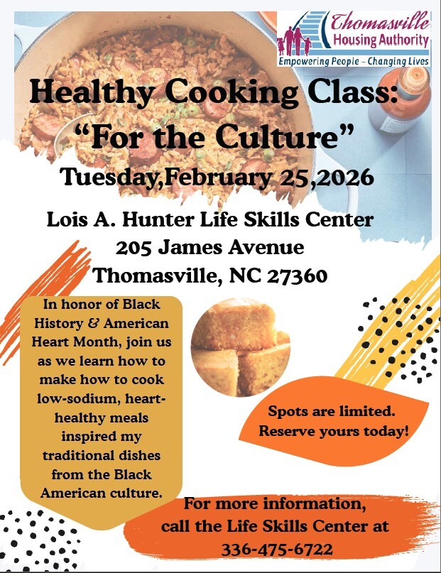 Healthy Cooking Class flyer. All information as listed below.