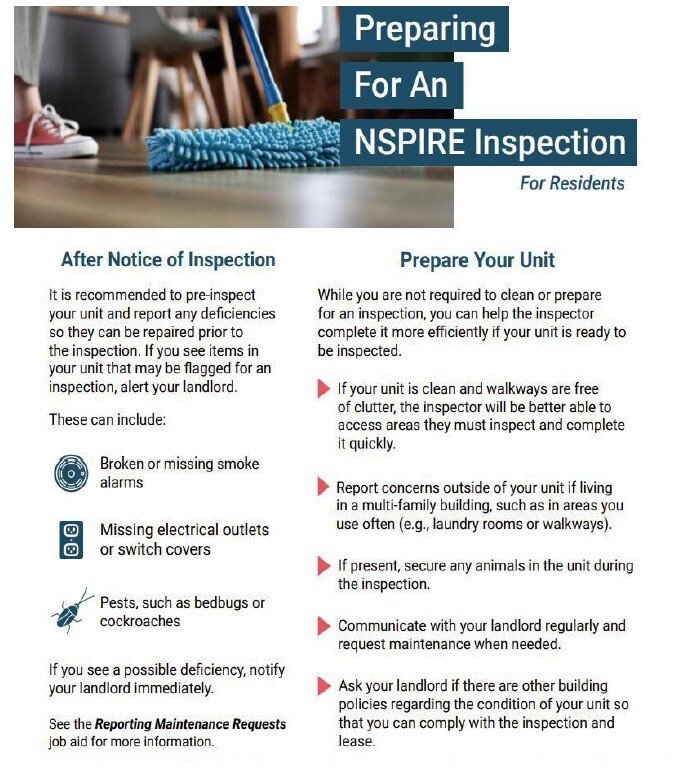 NSPIRE Inspection Prep list. All information as listed below.