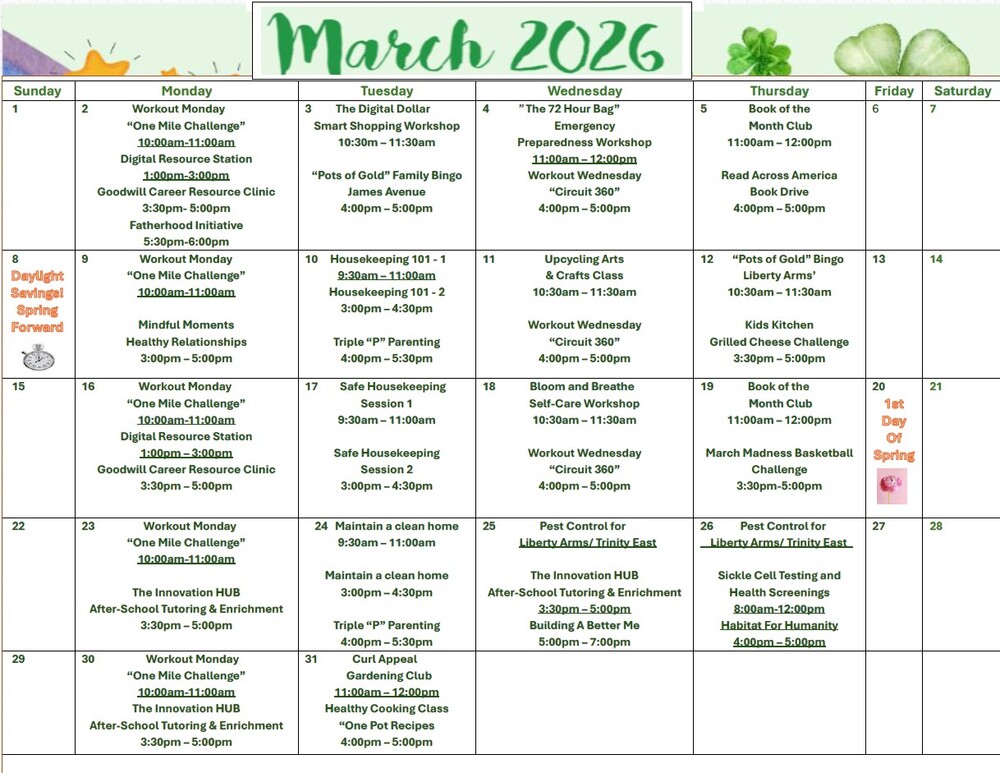 March 2026 Calendar. All information as listed below.
