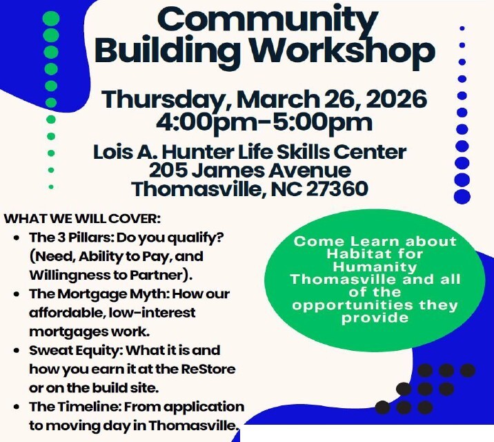 Community Building Workshop flyer. All information as listed below.