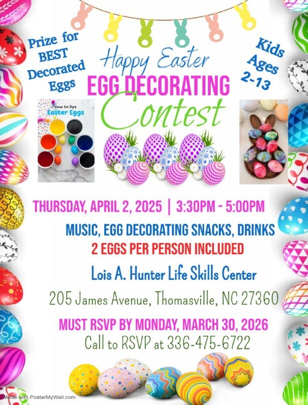 Egg Decorating Contest flyer. All information as listed below.