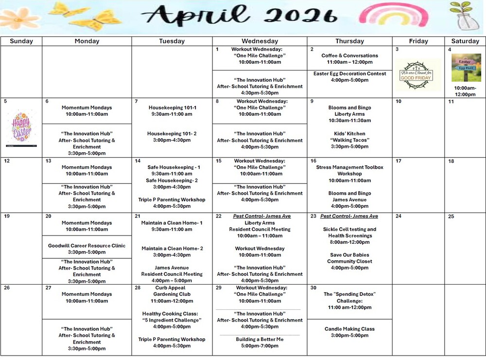 April 2026 Calendar. All information as listed below.