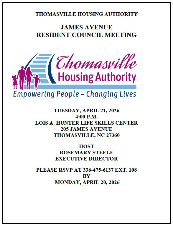 James-Resident Council Meeting flyer. All information as listed below.