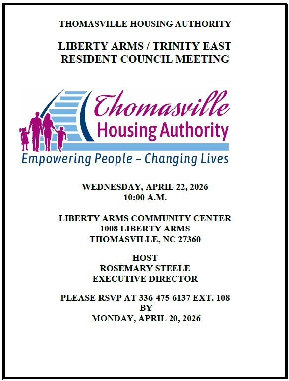 Liberty Arms Resident council meeting flyer. All information as listed below.