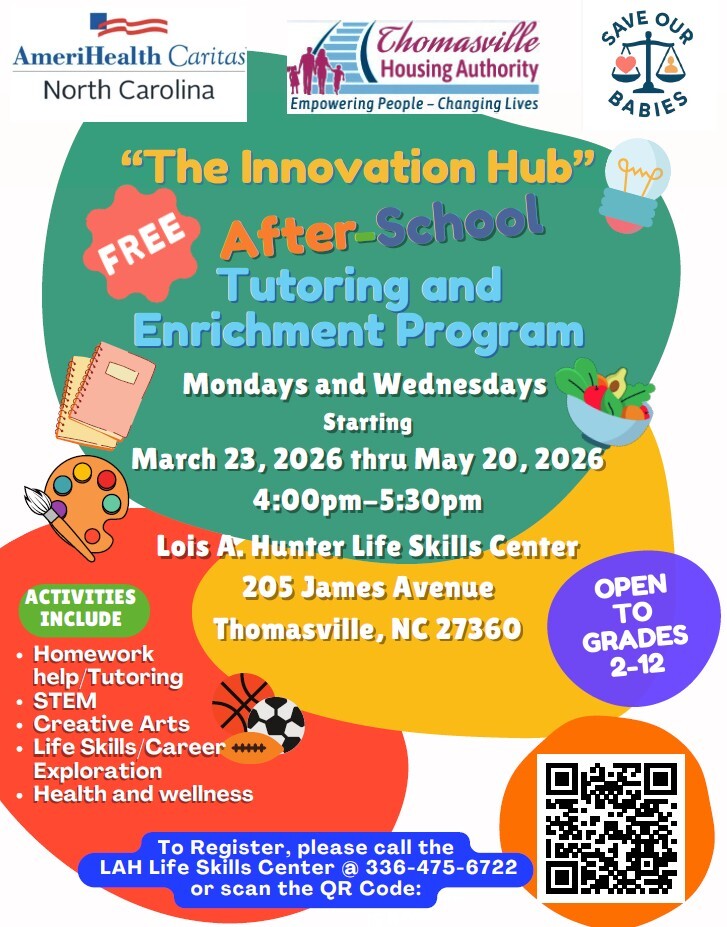 The Innovation HUB after school tutoring flyer. All information as listed below.