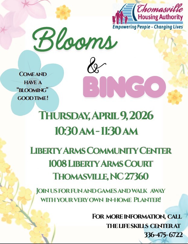 Blooms and Bingo flyer. All information as listed below.