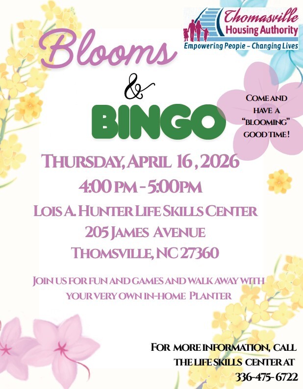 Blooms and Bingo flyer. All information as listed below.