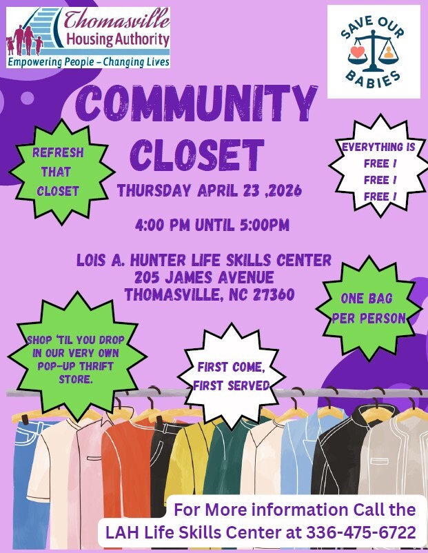 Community closet flyer. All information as listed below.
