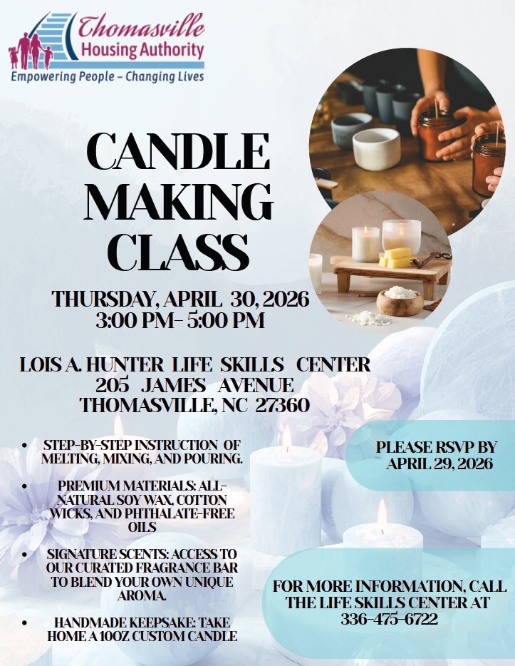Candle Making Class flyer. All information as listed below.