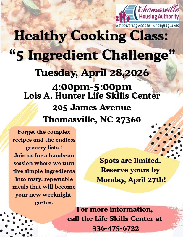 Healthy Cooking Class flyer. All information as listed below.
