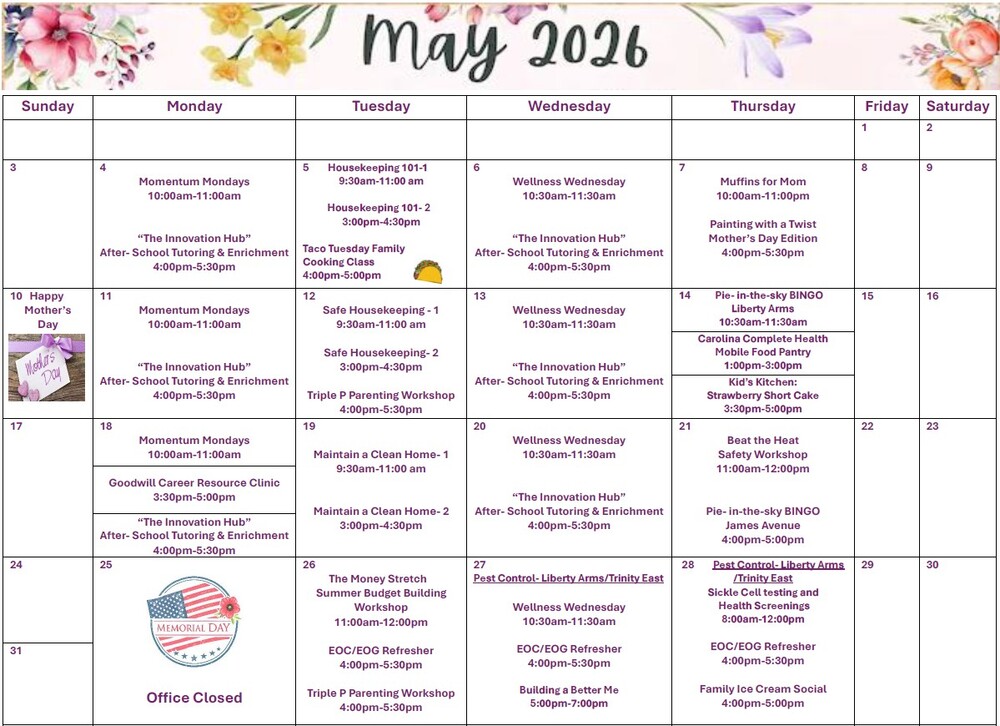 May 2026 Calendar of events. All information as listed below.