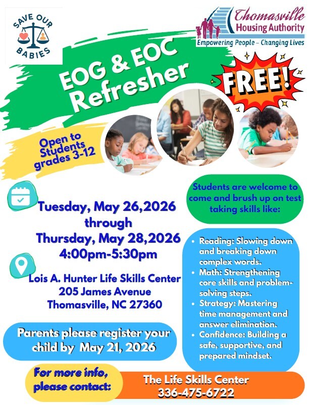 EOG and EOC Refresher flyer. All information as listed below.